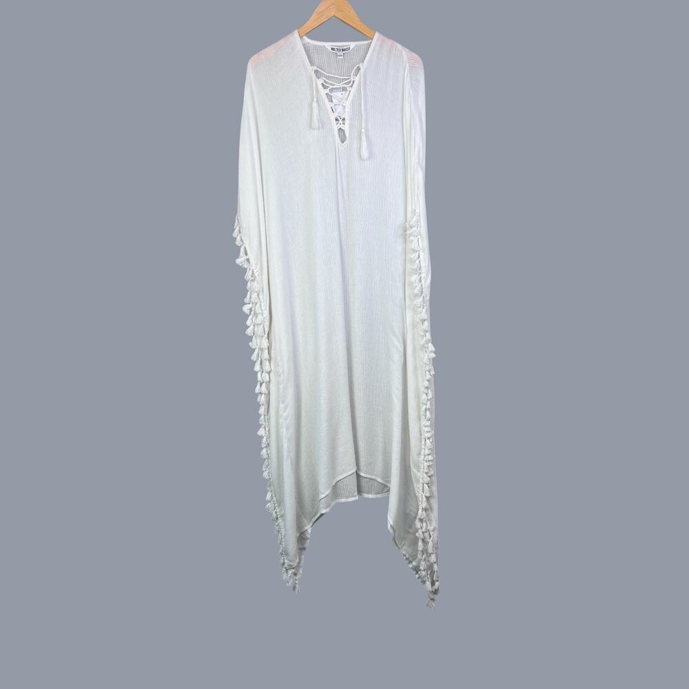 Beach Pool Swim Cover-up Gauze, Fringe Tassel Acapulco Kaftan in Ivory NWT OS